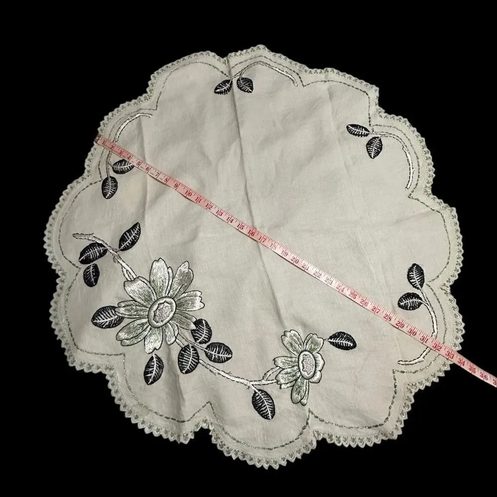 Vintage 50s/60s Round Creamy white Linen tablecloth with green floral embroidery